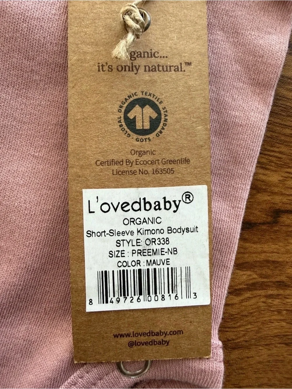L’oved Baby Kimono Bodysuit Organic Cotton Mauve Preemie Newborn Minimalist